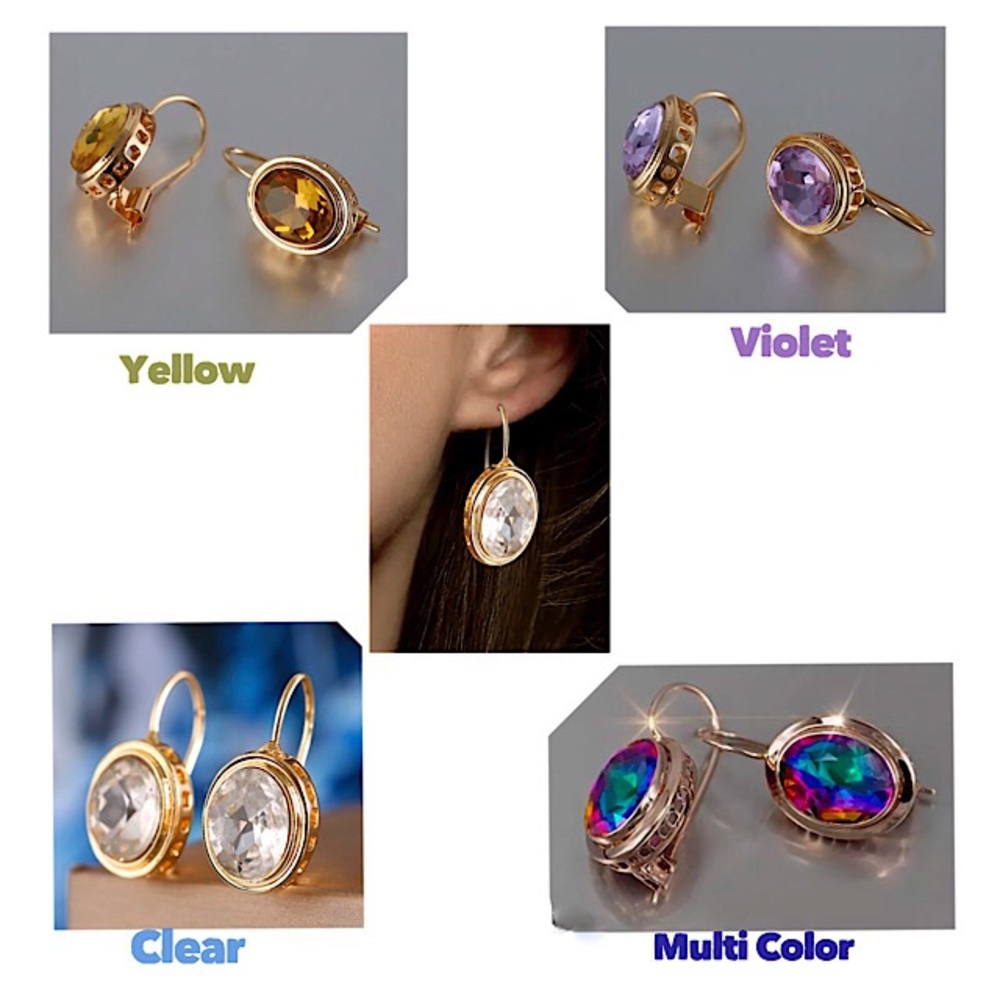 Women Pierced Drop Dangle Oval Earring Faceted Rhinestone Crystal Gold Tone NWOT
